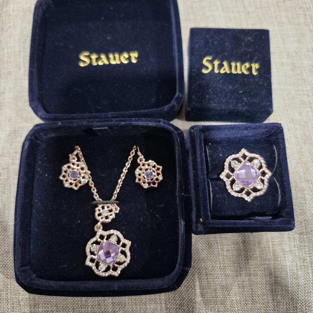 Rose Gold Necklace and Earring Set with Lavender Center Stones